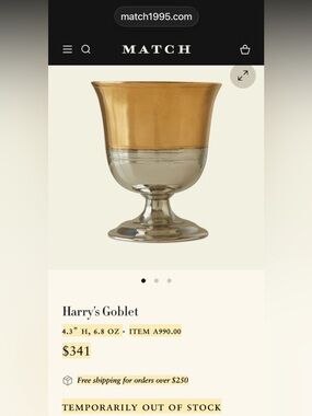 RARE “Harry Potter” Great Hall goblet in pewter with gold wash (6 available)